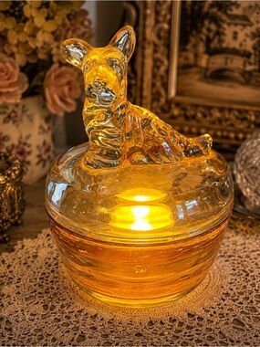 Vintage Carnival Glass Scotty Dog Powder Box Styled as a Fairy Lamp